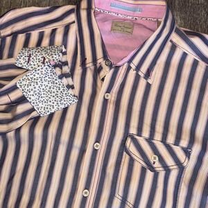 Tommy Bahama Long Sleeve Flip Cuff Button Down Striped‎ Shirt Large Pink Blue